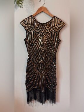 Babeyond Black & Gold Beaded Fringe Mini Dress - Glam Cocktail Dress Size M